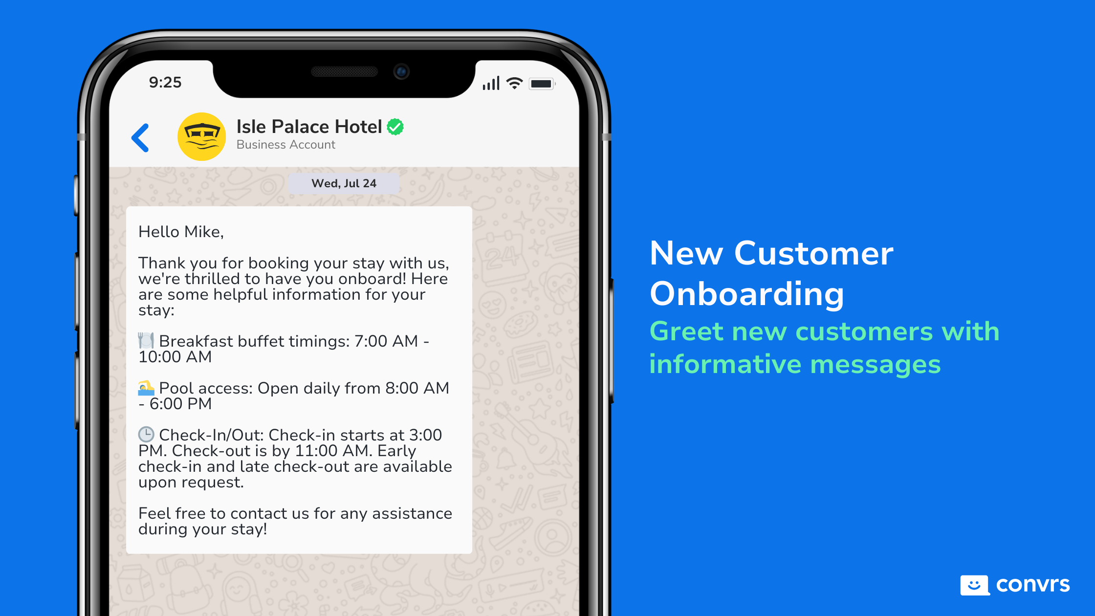 Hotel onboarding new customer through WhatsApp Marketing Messages with WhatsApp Automation